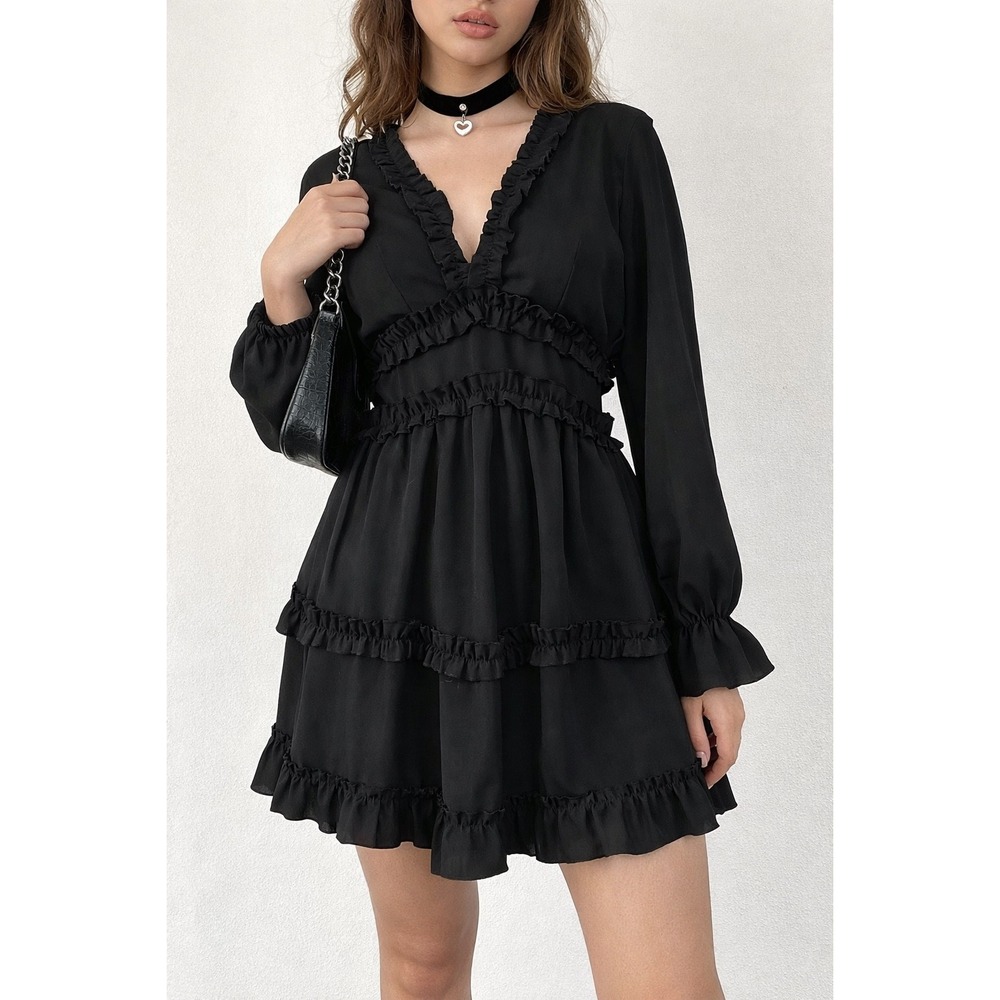UNBRANDED W Small Black RUFFLED OPEN BACK mini‎ dress Y2K whimsigoth fairy goth